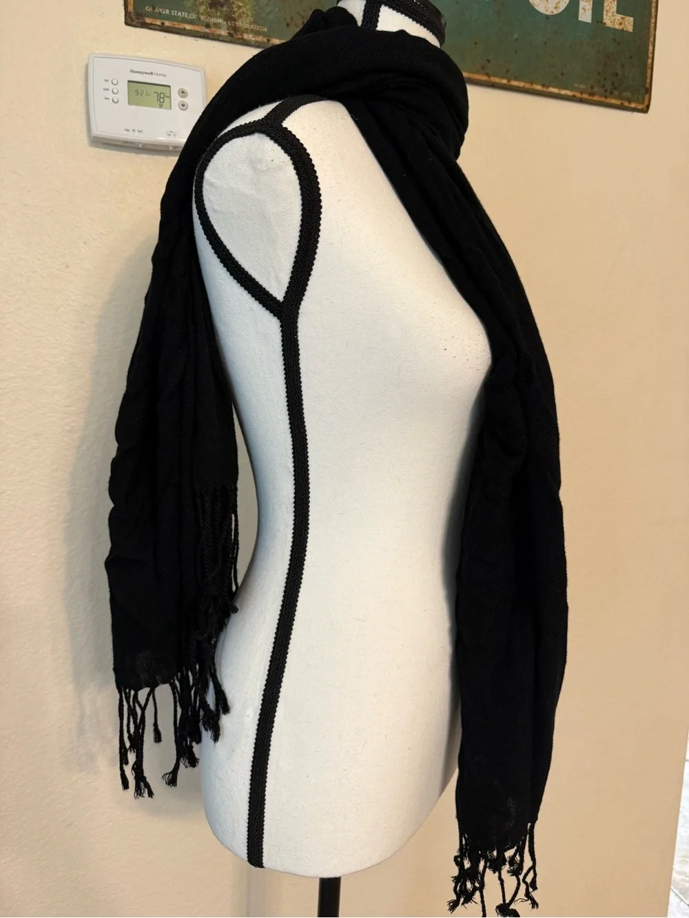 Pashmina Black Fringe Scarf Shawl Classic Knotted Fringe Detailed Hem